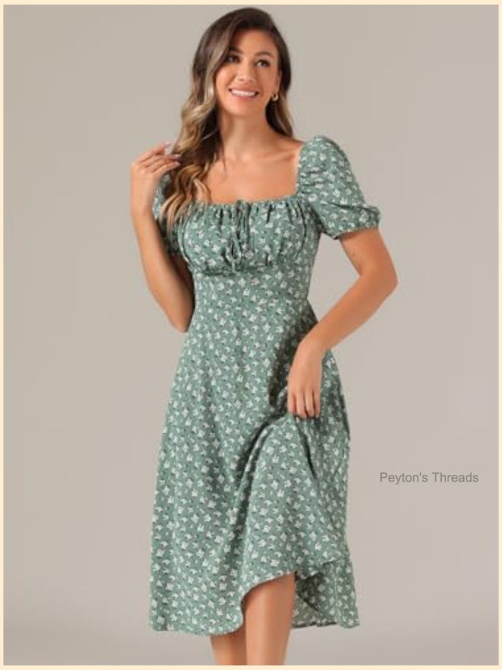 Floral Puff Sleeve Square Neck Milkmaid Smocked Midi Dress - Picture 3 of 5